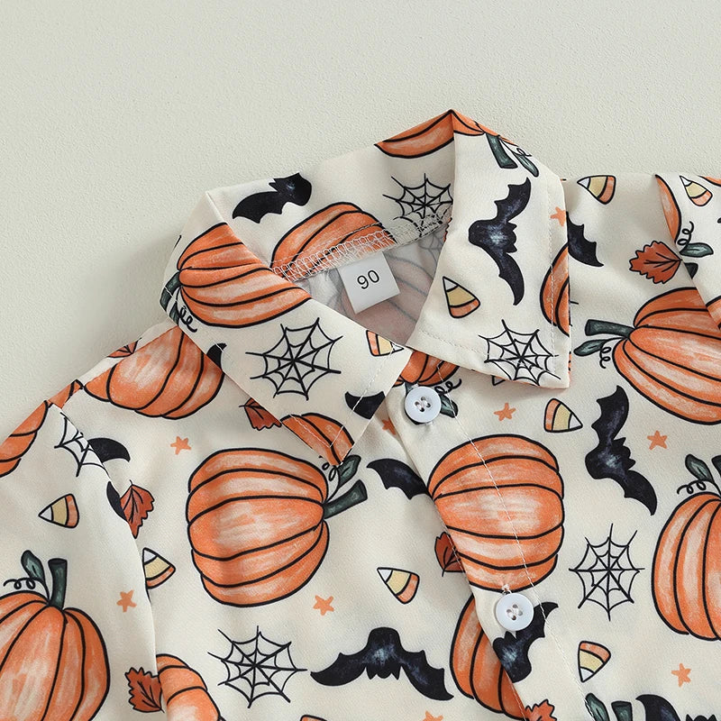 2-Piece Halloween Outfits! Boy’s Short Sleeve Pumpkin Sweatshirt & Shorts Sets