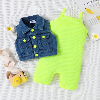 2-Piece Baby Girls Rib-knit Bib Romper & Denim Vest Set