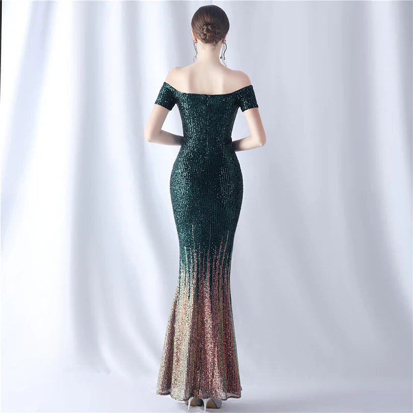 Gorgeous Green Off-Shoulder Elegant Evening Gown