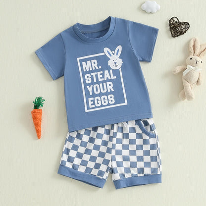 Boy's Easter Bunny T-shirt & Checkered Shorts Set