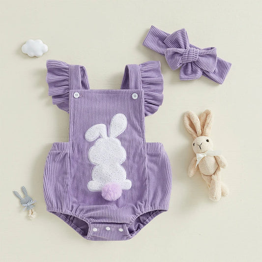 Girl's Fly Sleeve Embroidered Easter Bunny Romper & Headband Sets