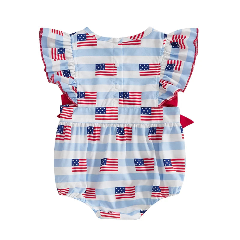 Girl's American Flag 4th of July Doll Collar Bowed Rompers