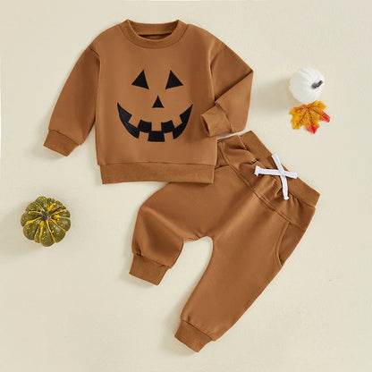 2-Piece Halloween Outfits! Boy’s Long Sleeve Embroidered Sweatshirt & Pants Sets