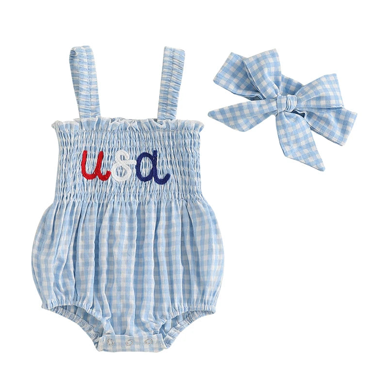 Girl's 2-Piece Embroidered July 4th Rompers & Bow Head Band Sets