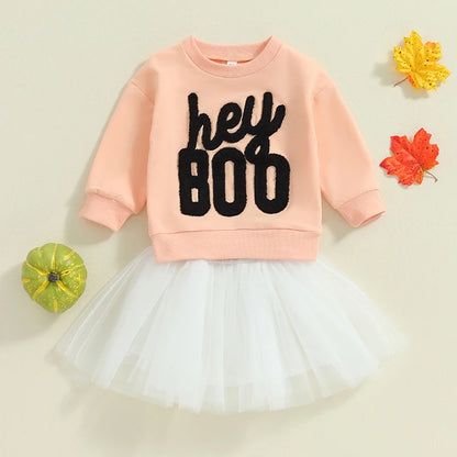 Girl's Halloween 2-Piece Embroidered "Hey Boo" Sweatshirt & Tulle Skirt Sets