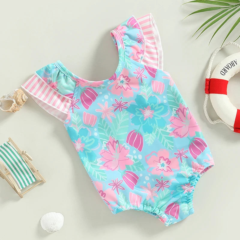 Baby Girl Swimsuits Ruffle Floral Print Flying Sleeves Jumpsuit Swimwear Beachwear Bathing Suits