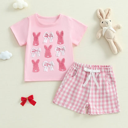 Girl's 2-Piece Easter Bunny Embroidered Tops & Shorts Outfit Sets