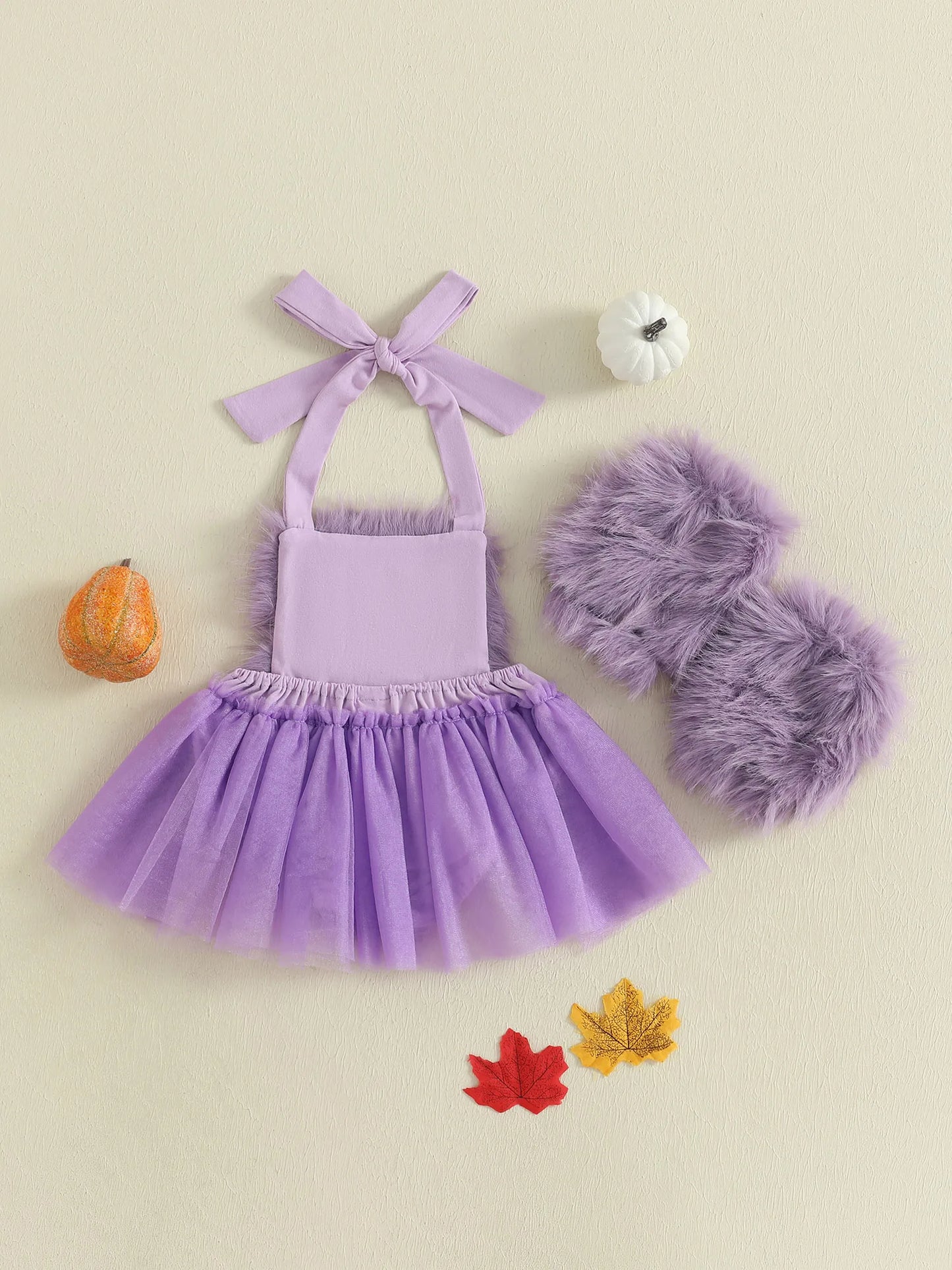 2-Piece Baby Girl's Furry Ghost Embroidered Halloween Halter Dresses with Leg Warmers
