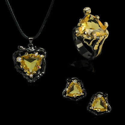 3-Piece Yellow Zircon Black & Gold Style Rings, Necklace & Earrings Sets