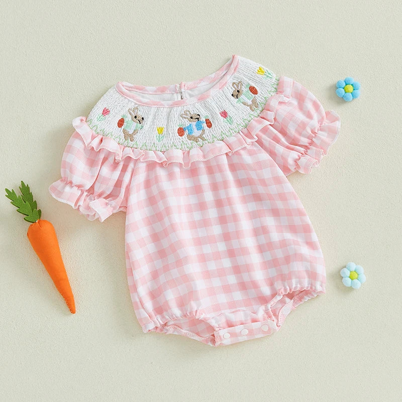 Girl's Plaid Easter Bunny Carrot Shirred Rompers