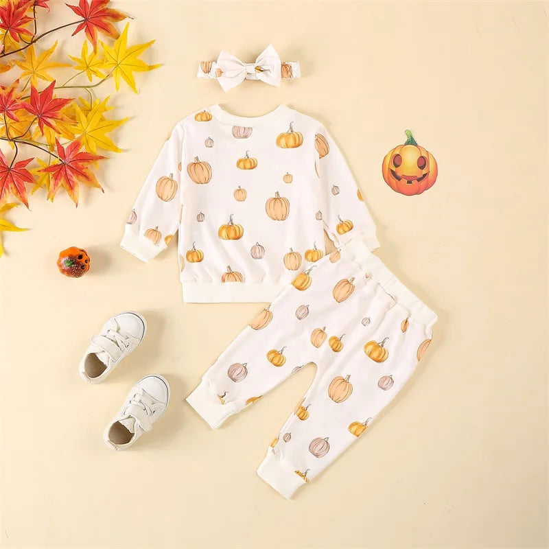 3-Piece Halloween Outfits! Girl’s Long Sleeve Pumpkin Sweatshirt, Pants & Headband Sets