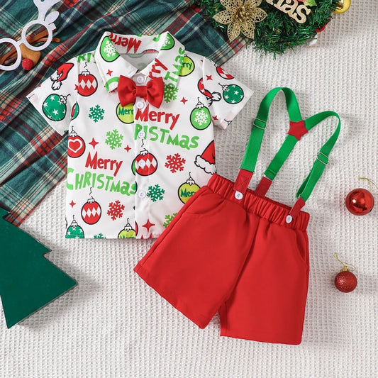 2-Piece Christmas Outfits! Boy’s Short Sleeve Onesie, Shorts, Bow-Tie & Hat Sets