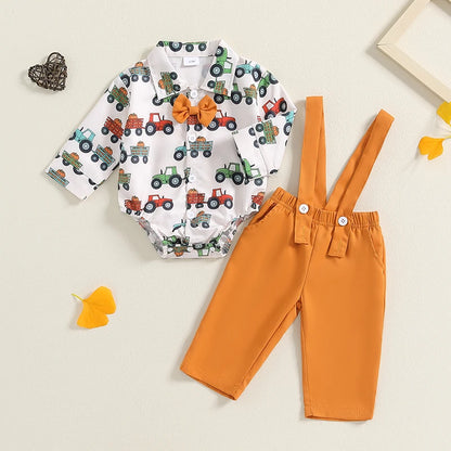 2-Piece Halloween Outfits! Boy’s Long Sleeve Pumpkin Rompers, Suspender Pants & Bow-Tie Sets