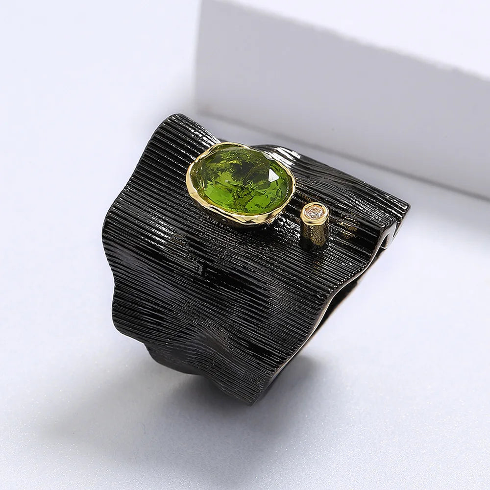 Rings Black & Gold Style Texture Geometric Green Zircon Rings