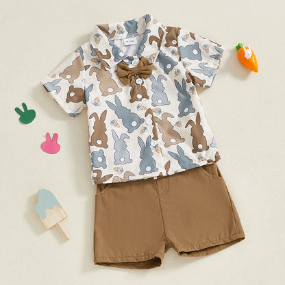 Boy's Easter Bunny Button-up Bow Tie Shirt & Shorts