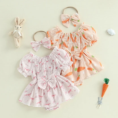 Girl's Easter Bunny Smocked Puff Sleeve Romper Dresses & Bow Headband Sets