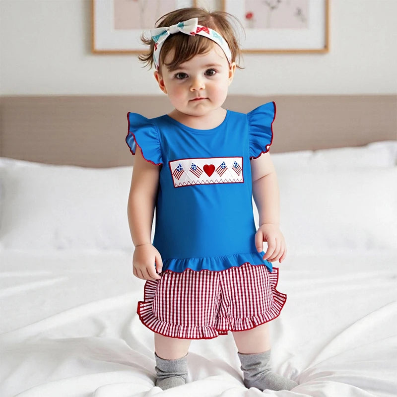 Girl's 2-Piece Embroidered 4th of July Fly Sleeve Tops & Plaid Ruffled Shorts Sets