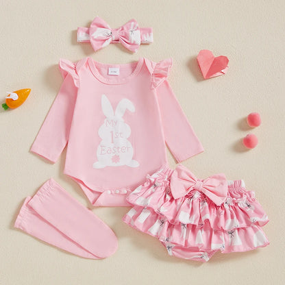 Girl's 4-Piece First Easter, Bunny Onesies, Bow Headband, Skirt & Socks Sets