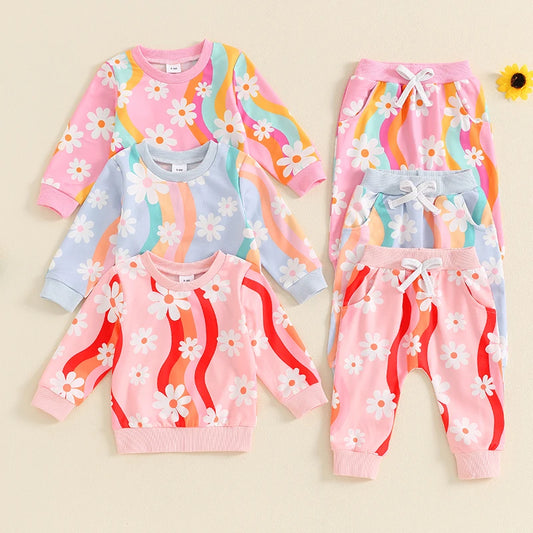 2-Piece Fall / Winter Outfits! Girl’s Colorful Daisy Sweatshirt & Pants Sets