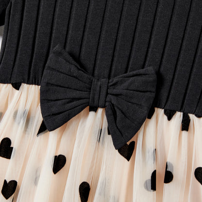Mommy & Me! Matching Black Top Spliced Heart  Mesh Dresses