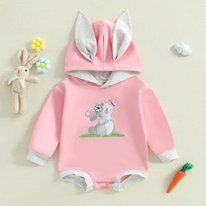 Girl’s Long Sleeve Easter Bunny Embroidered Sweatshirt Rompers