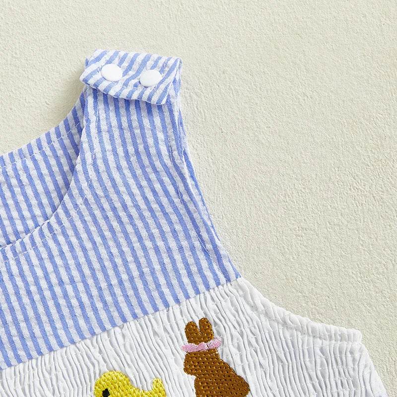 Boy's Sleeveless Plaid, Striped Easter Bunny Rompers