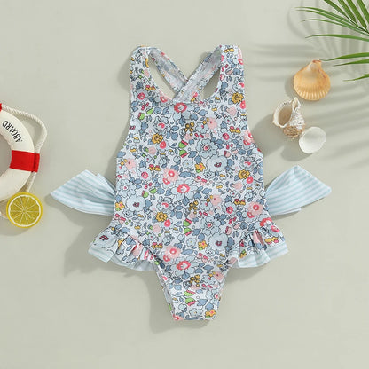 Kids Baby Girls Swimsuit Sleeveless Backless Floral Print Ruffle Bathing Suit Bodysuit Clothes