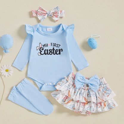 Girl's 4-Piece First Easter, Bunny Onesies, Bow Headband, Skirt & Socks Sets