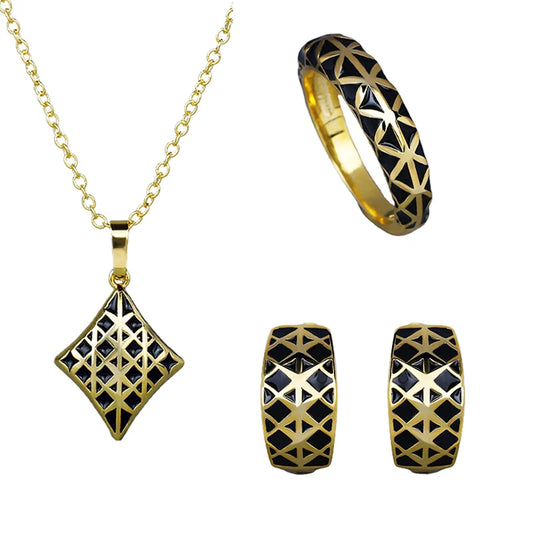 3-piece Vintage Enamel Black & Gold Style Rings, Necklace & Earrings Sets