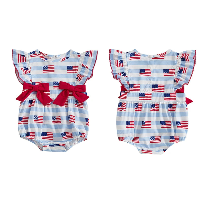 Girl's American Flag 4th of July Doll Collar Bowed Rompers