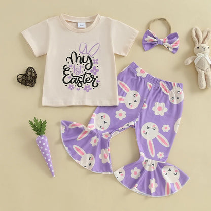 Girl's Easter Bunny T-Shirt, Flare Pants & Headband Sets