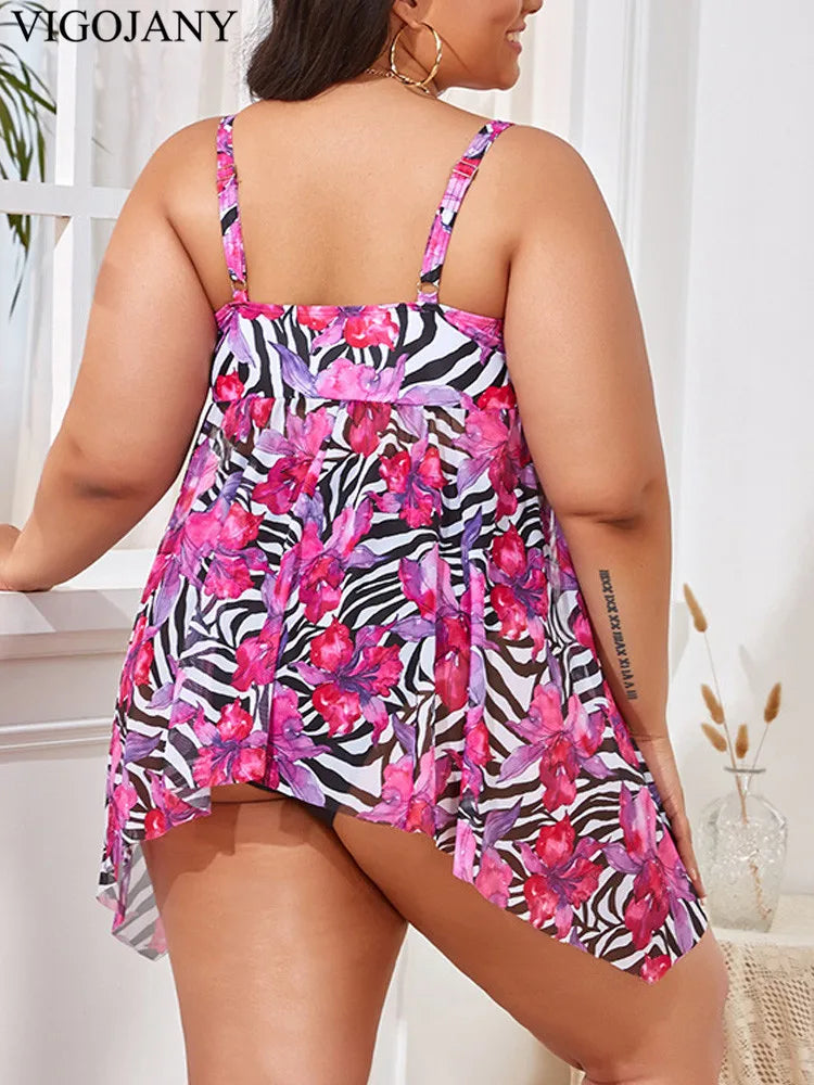 Sexy Print Strapped 2 Piece Plus TankiniHigh Waist Push UP Swimsuit Mesh Backless Beach Bathing Suit