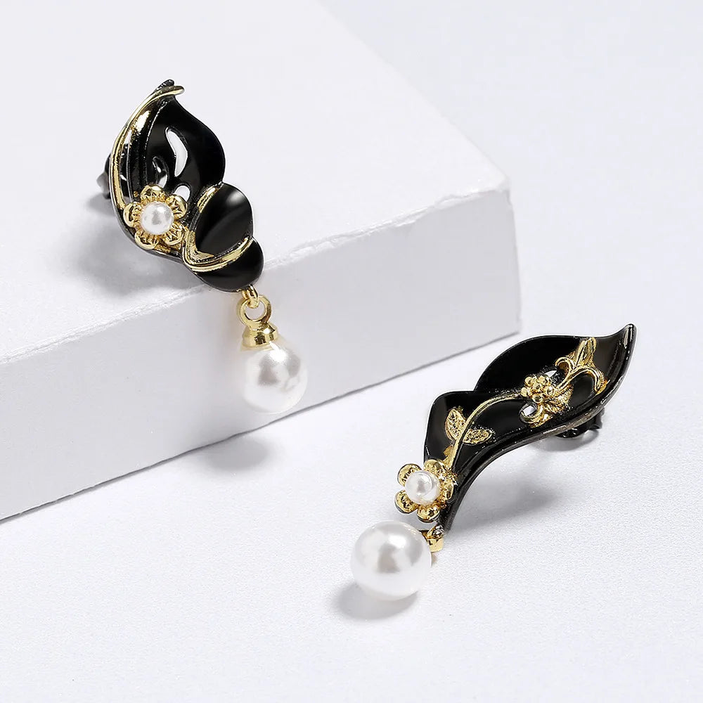 Pearl Black & Gold Style Earrings Asymmetrical Leaves Flowers & Soft