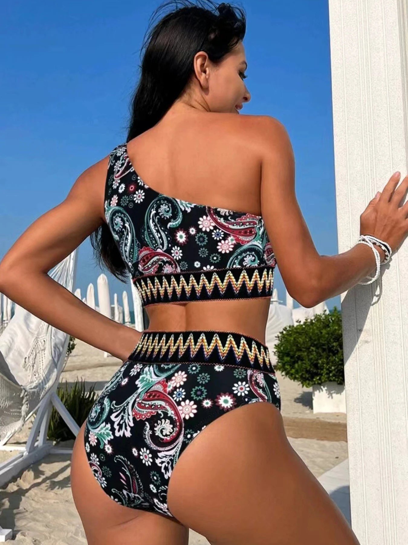 Single Shoulder Print Bikini Set High Whist Push Up Swimsuit ForSummer 2 Piece Swimwear Bathing Suit