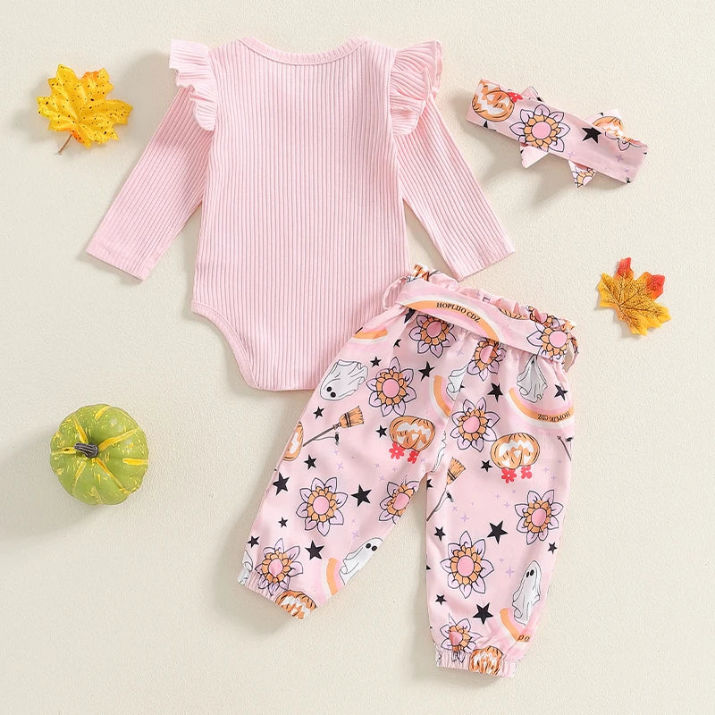 3-Piece Halloween Outfits! Girl’s Long Sleeve Ghost Flower Rompers, Pants& Bow Headband Sets