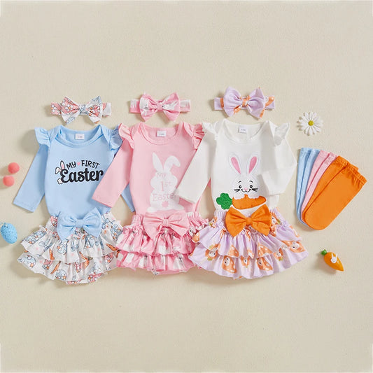 Girl's 4-Piece First Easter, Bunny Onesies, Bow Headband, Skirt & Socks Sets