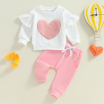 2-Piece Fall / Winter Outfits! Girl’s Embroidered Heart Sweatshirt & Pants Sets