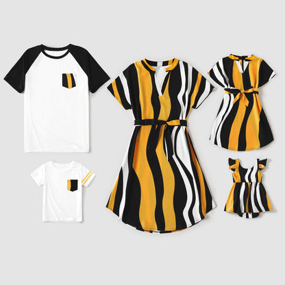 Family Matching! Raglan Sleeve T-shirts & Striped Belted Dresses