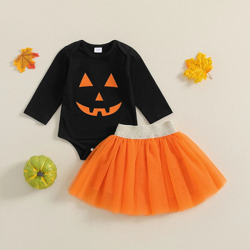 2-Piece Halloween Outfits! Girl’s Long Sleeve Rompers & Skirt Sets