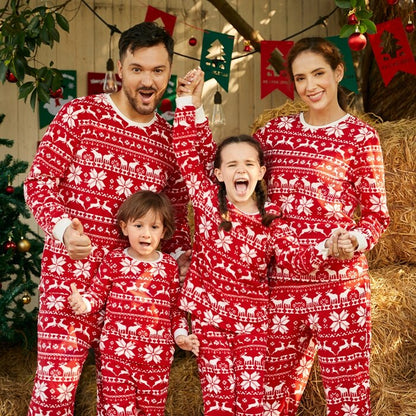 Family Matching! Red Christmas Reindeer & Snowflakes Fleece Pajamas