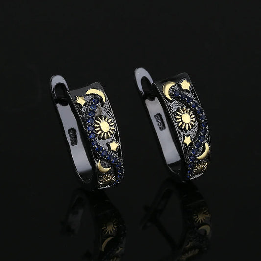 Star Moon Black & Gold Style Flower Earrings