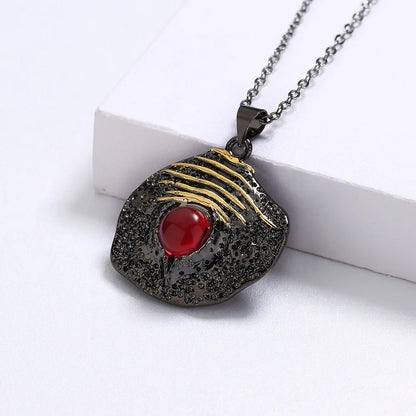 Necklace Black & Gold Style Pendant Red Gem Chain