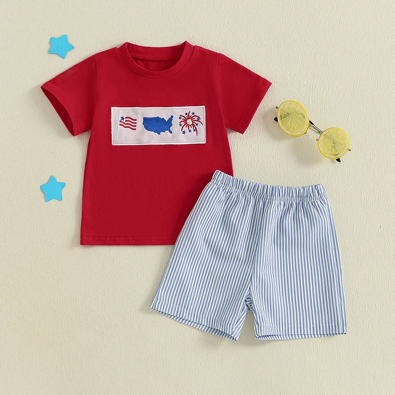 Boy's 2-Piece Embroidered 4th of July T-Shirts & Striped Shorts Sets