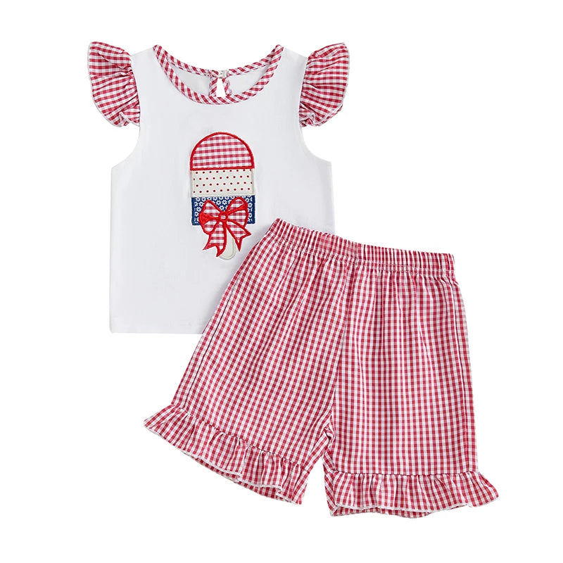 Girl's 2-Piece Embroidered 4th of July Fly Sleeve Popsicle Top & Plaid Shorts Sets