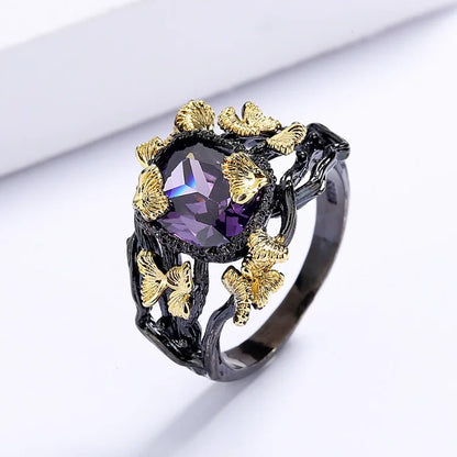 3-Piece Purple Zircon Black & Gold Style Rings, Necklace & Earrings Sets