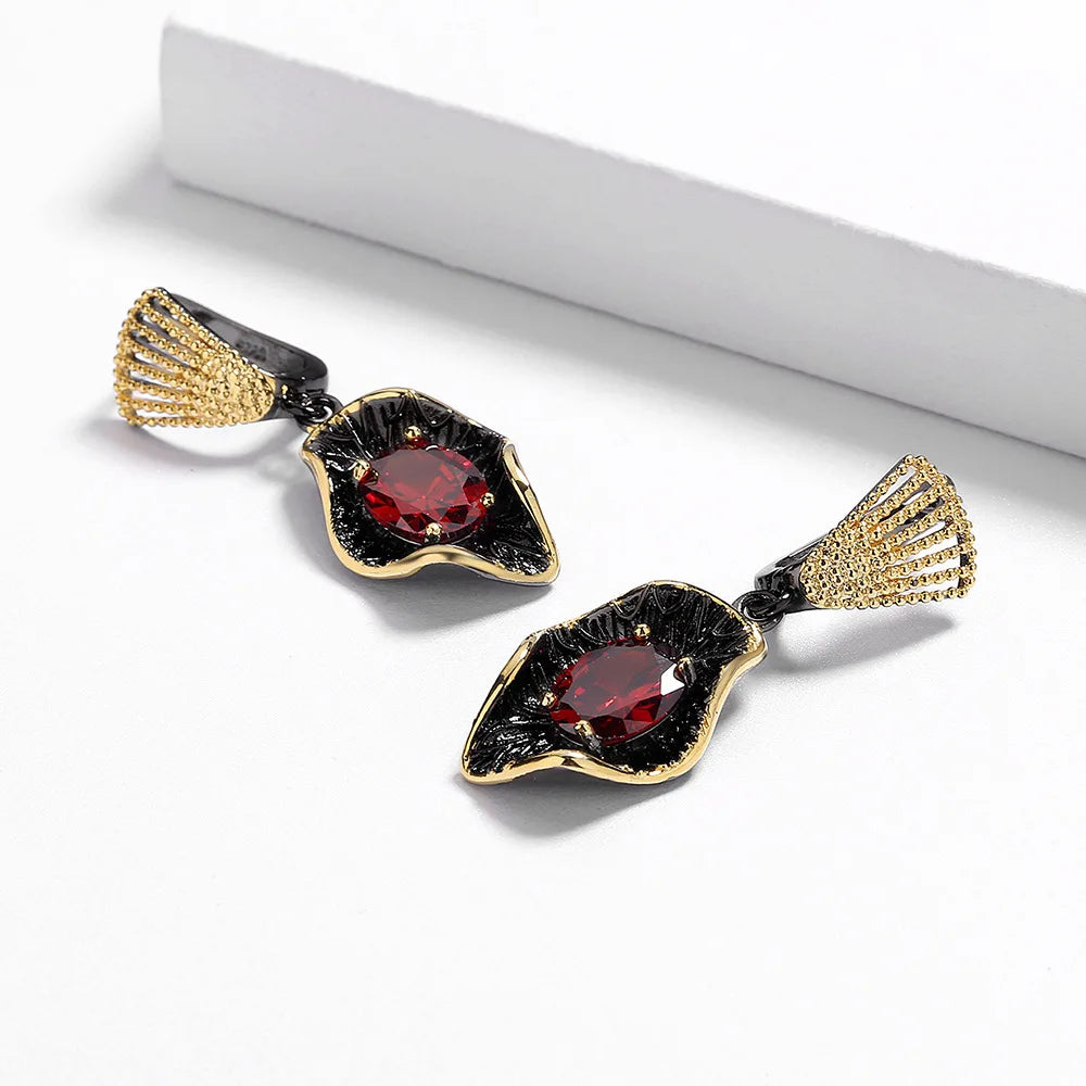 Ruby-Zircon Black & Gold Style Earrings