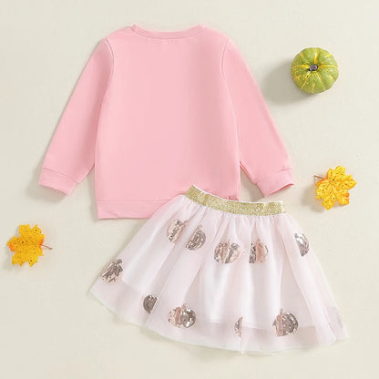 2-Piece Halloween Outfits! Girl’s Long Sleeve Embroidered Pumpkin Sweatshirts & Skirts Sets