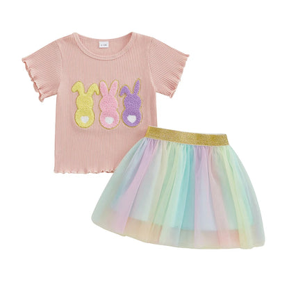 Girl's 2-Piece Embroidered Easter Bunny T-shirts & Rainbow Tulle Skirts Sets