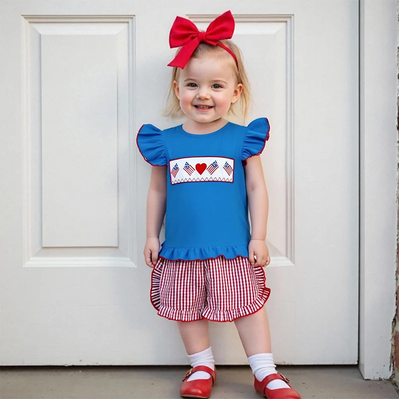 Girl's 2-Piece Embroidered 4th of July Fly Sleeve Tops & Plaid Ruffled Shorts Sets