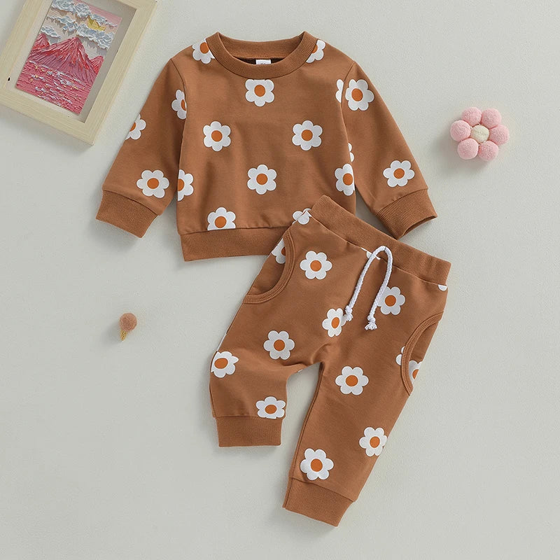 2-Piece Fall Outfits! Girl’s Long Sleeve Flower Sweatshirt & Pants Sets